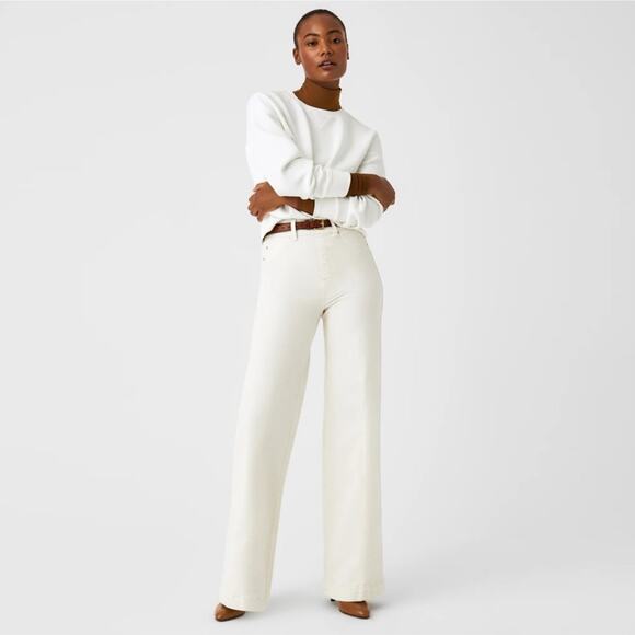 Spanx Seamed Front Wide Leg Jeans Size Large Ecru - Picture 3 of 16